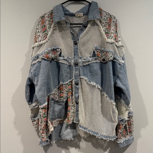 POL Jackets & Blazers - POL Denim and Cream Oversized Lightweight Floral Jean Jacket